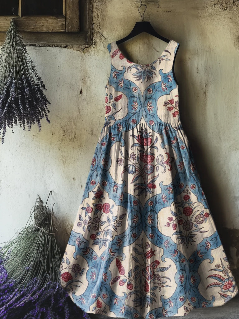 Women's Vintage Ethnic Floral Art Print Sleeveless Cotton Pocket Dress