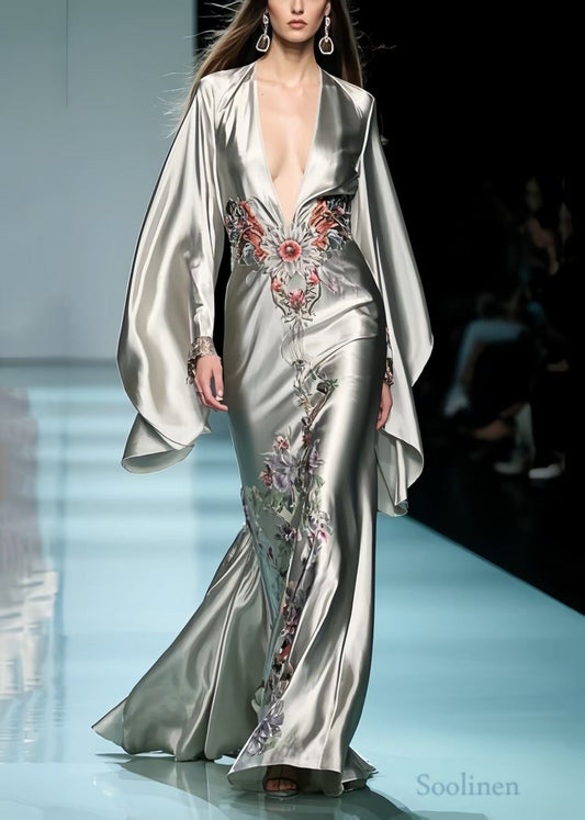Original Design Grey Deep-v Neck Print Silk Party Dresses Batwing Sleeve