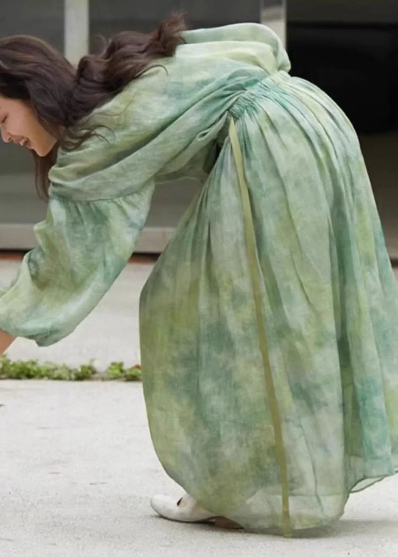 Loose Grass Green O-neck Tie Dye Button Shirts and Skirts Two Piece Set Long Sleeve
