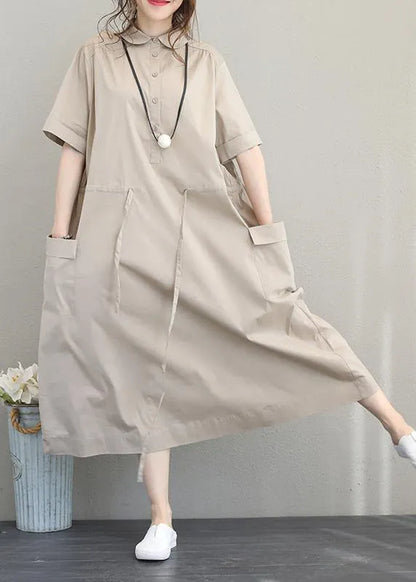 Natural Lapel Drawstring Cotton Clothes Linen Khaki Maxi Dress