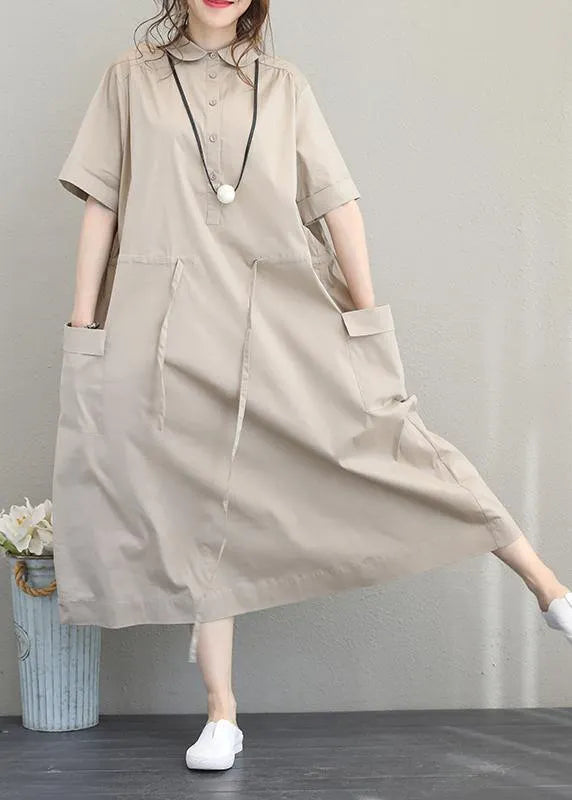Natural Lapel Drawstring Cotton Clothes Linen Khaki Maxi Dress