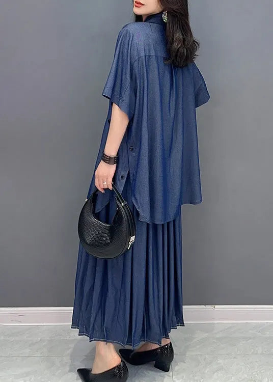 Natural Blue Peter Pan Collar Button Shirts and Maxi Skirts Two Piece Set Summer
