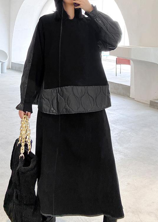 Retro Winter Black Patchwork Sweater Skirt Two Piece Set