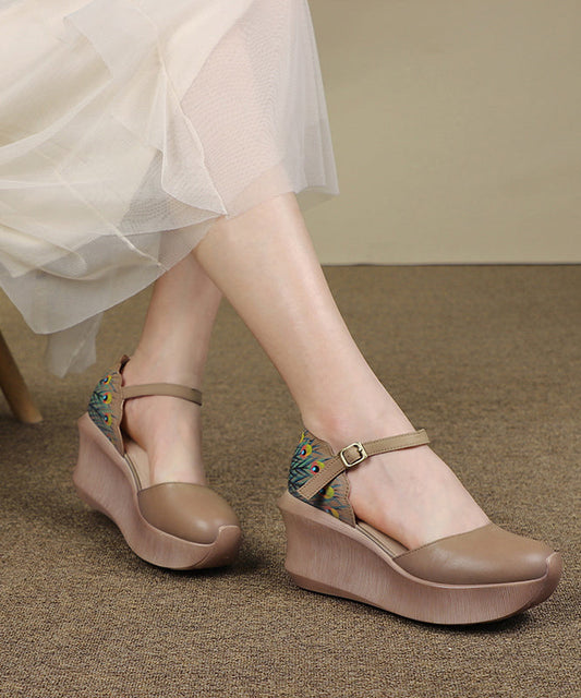 Khaki Cowhide Buckle Strap Platform Sandals
