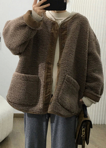 Loose Coffee Button Pockets Teddy Faux Fur Coats Fall