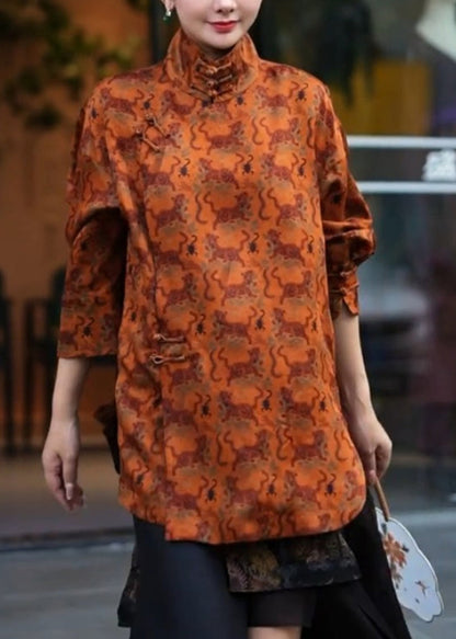Orange Stand Collar Print Side Open Shirt Three Quarter Sleeve