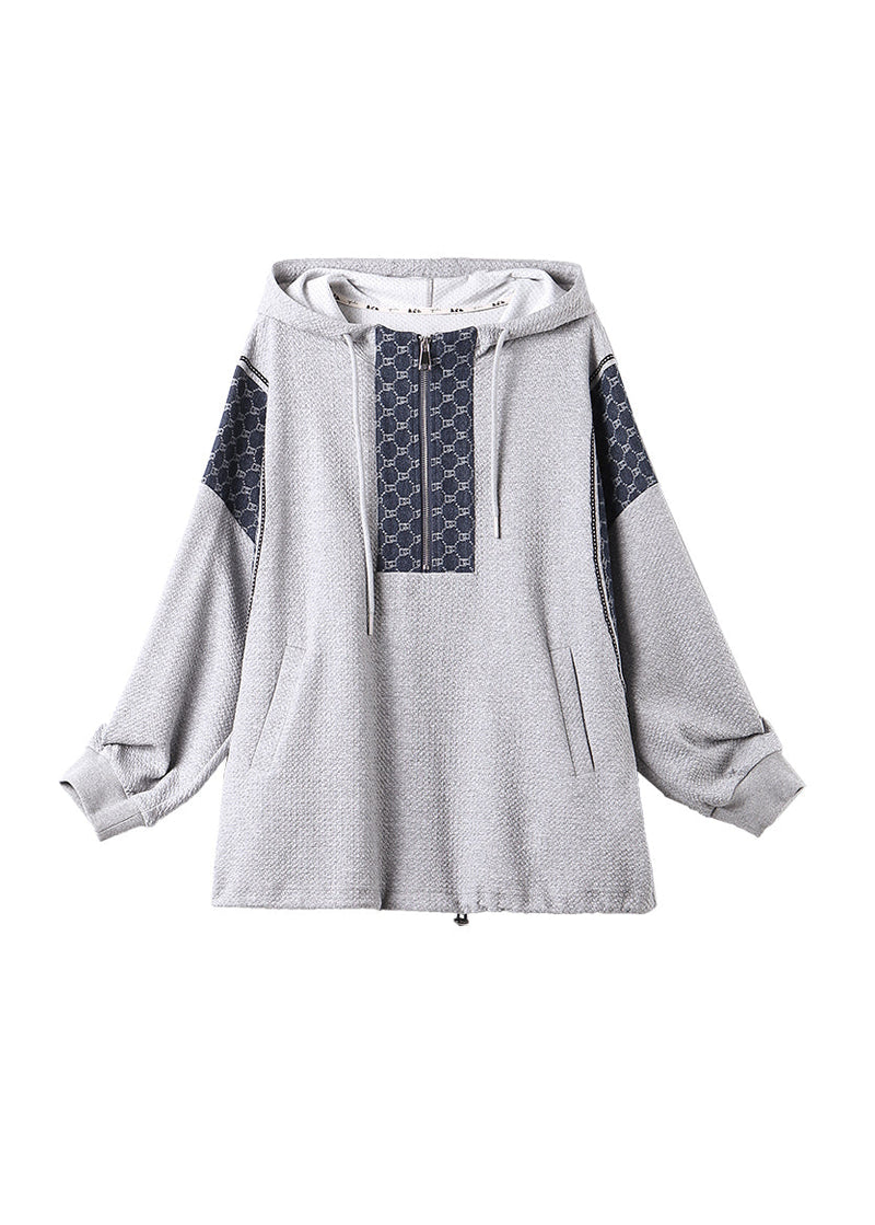 Grey Zip Up Hooded Patchwork Cotton Top Fall