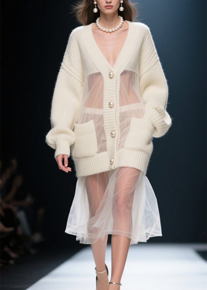 Beige V Neck Tulle Patchwork Knit Cardigans Fall