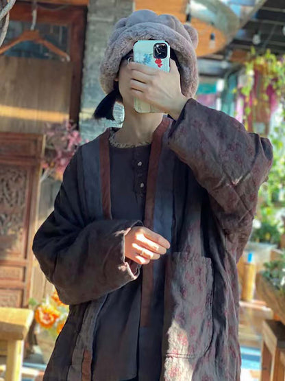 Linen Retro Print Pocket Long Sleeve Coat