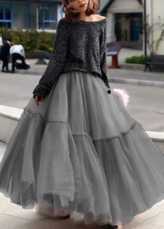 Grey Ruffled Tulle Cinched Circle Fall Skirt