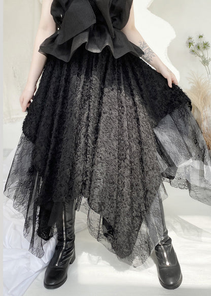 Black Elastic Waist Lace Patchwork Tulle Maxi Skirt Fall