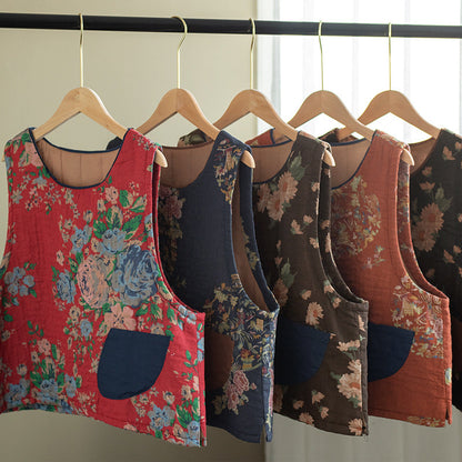 -print Cotton and Linen Quilted Vest