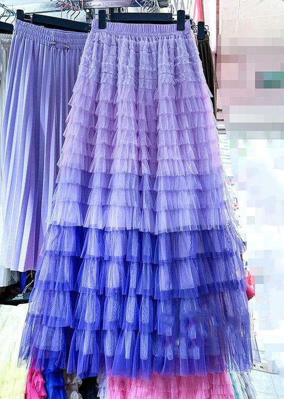 Rose Gradient Color Wrinkled Elastic Waist Tulle Skirt Summer