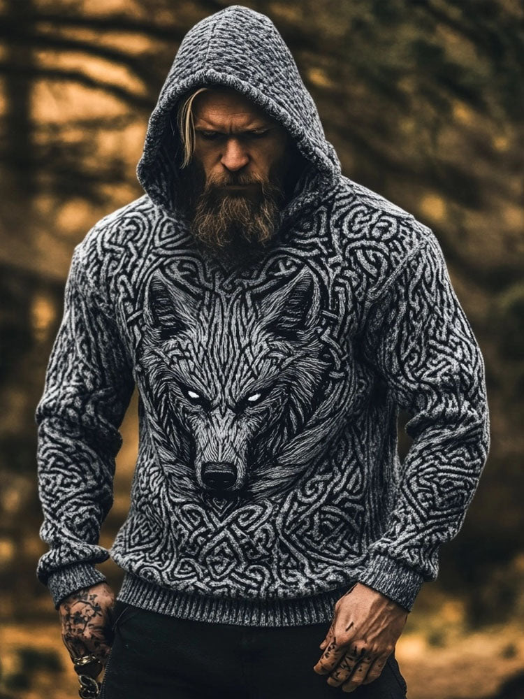 Men's Wolf Inspired Viking Celtic Jacquard Cozy Hooded Sweater elevenforest