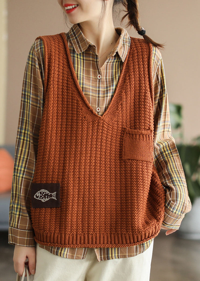 Orange V Neck Pockets Knit Tank Tops Sleeveless