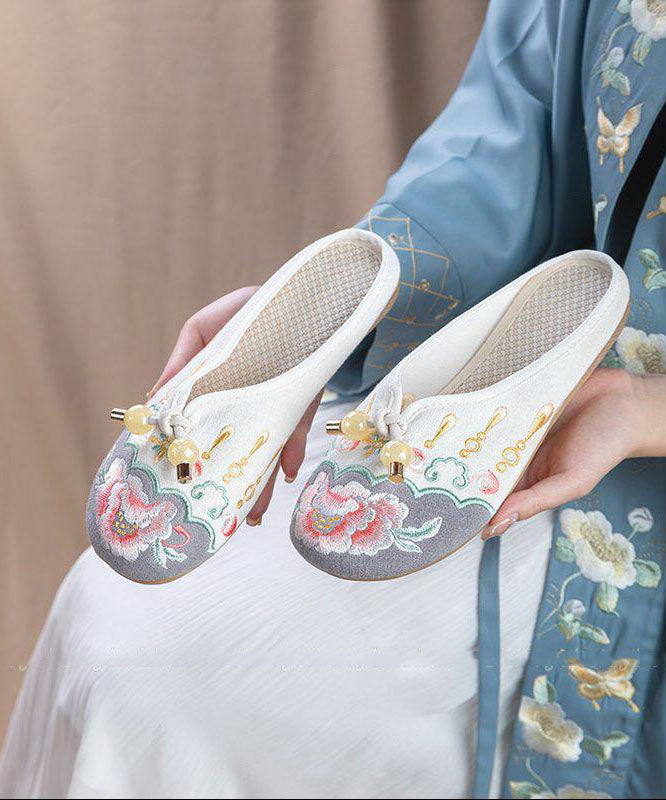Grey Embroideried Cotton Fabric Splicing Slide Sandals