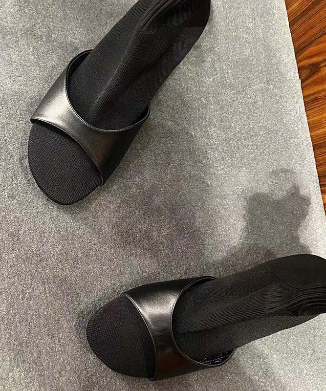 Black Knit Fabric Splicing Faux Leather Pointed Toe Kitten Boots
