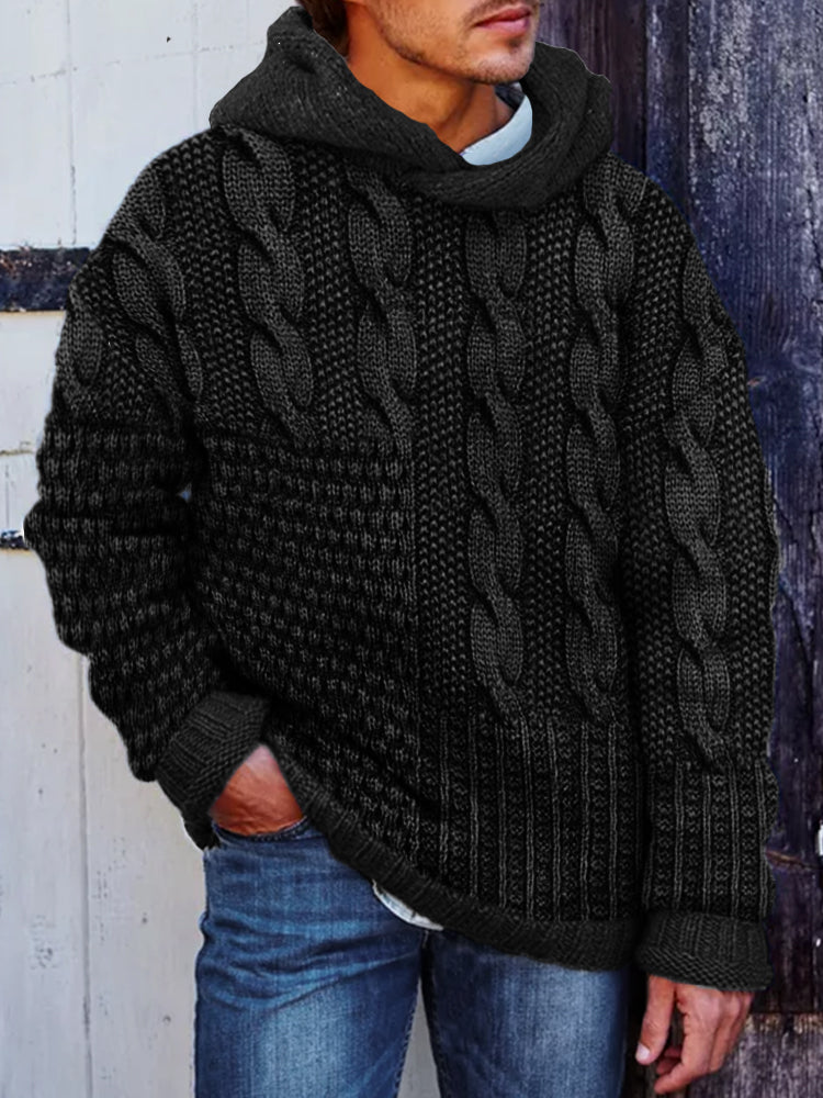 Men's Vintage Retro Patchwork Cable Knit Hooded Sweater elevenforest