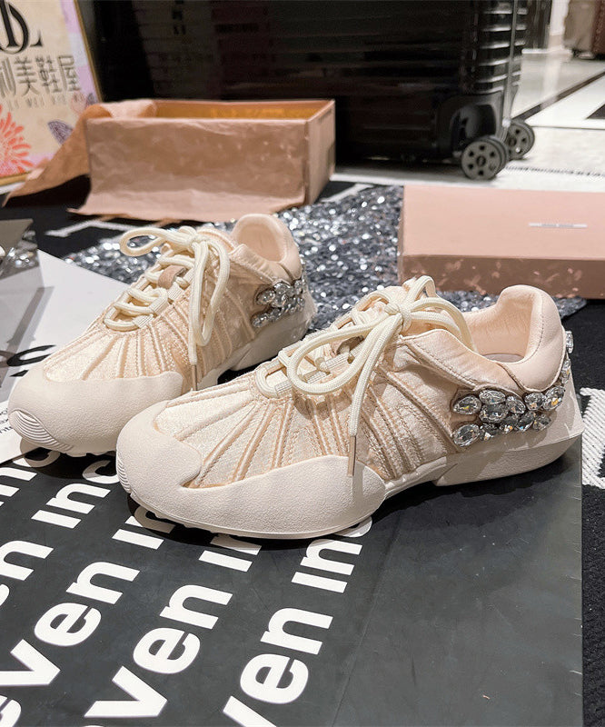 Pink Canvas Lace Up Zircon Splicing Flat Shoes for