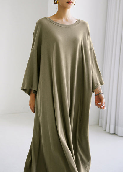 Army Green O-neck Cotton Maxi Dress Long Sleeve