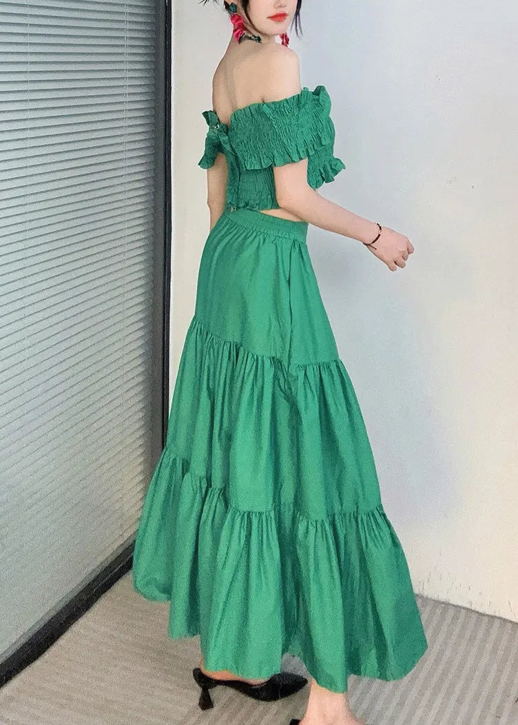 Green Slash Neck Ruffled Top and Maxi Skirts Two Piece Set Summer
