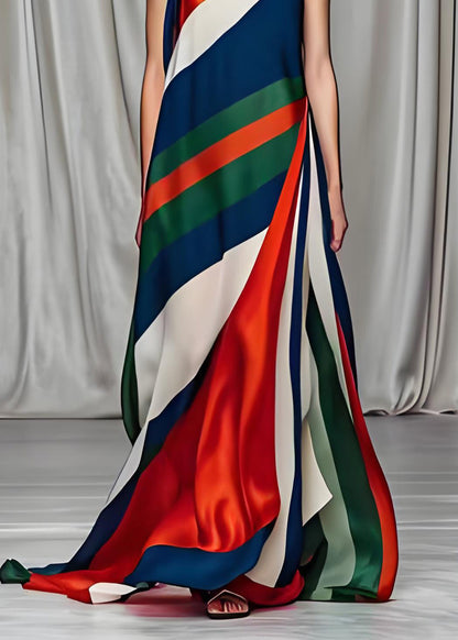 Colorblock Cold Shoulder Draping Silk Long Dresses Sleeveless