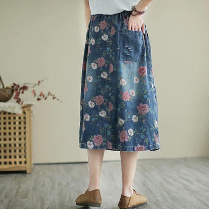 Retro Loose Patchwork Denim Skirt