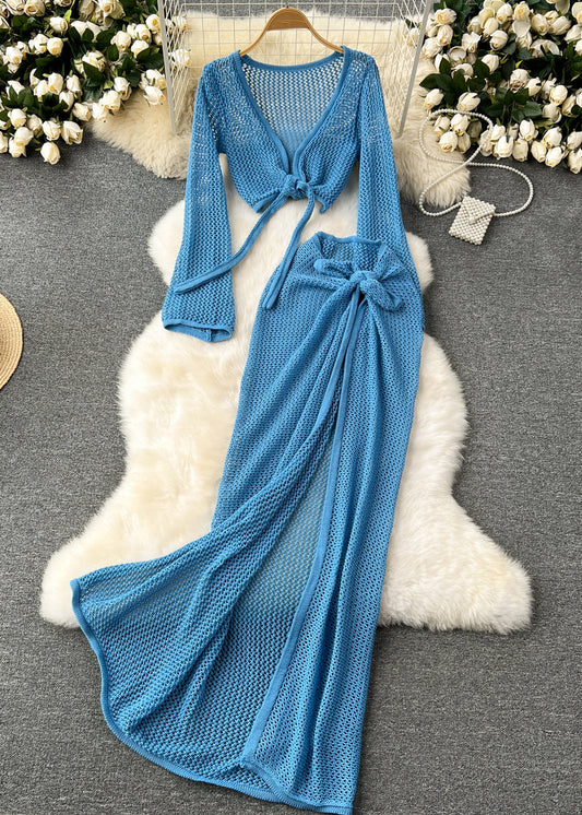 French Blue Hollow Out Tops and Side Open Skirts Knit Two Pieces Set Fall
