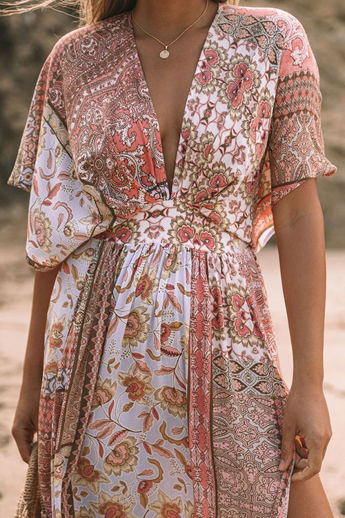 Print Bat Slit Maxi Dress