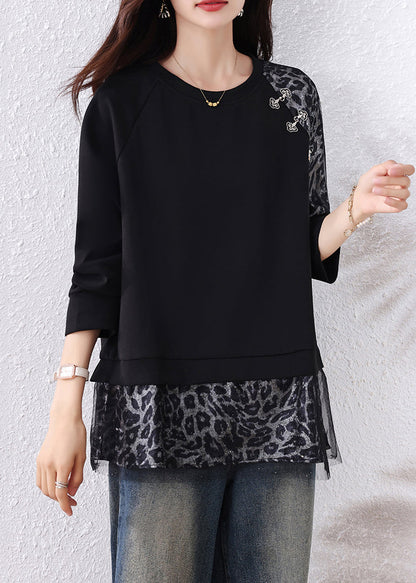 Black Leopard Tulle Patchwork Cotton T Shirts Fall