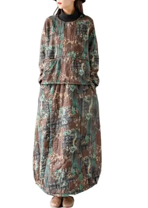 Green Print Pockets Tops and Skirts Cotton Two Piece Set Fall