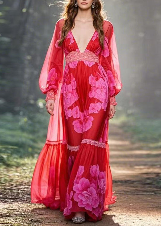 Red V Neck Print Patchwork Chiffon Long Dress Spring