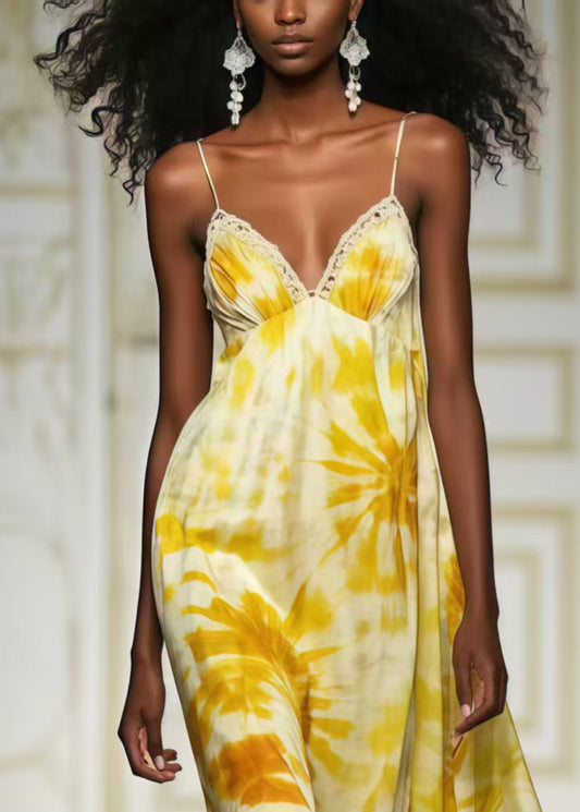 Yellow Print Chiffon Cami Dresses Summer