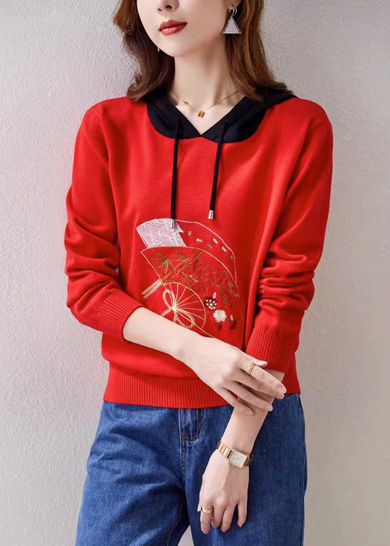 Red Hooded Embroideried Patchwork Knit Top Fall