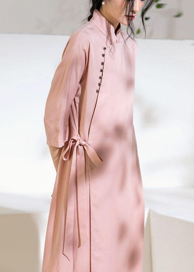 Pink Long Shirts Stand Collar Tie Waist Robe Summer Dresses