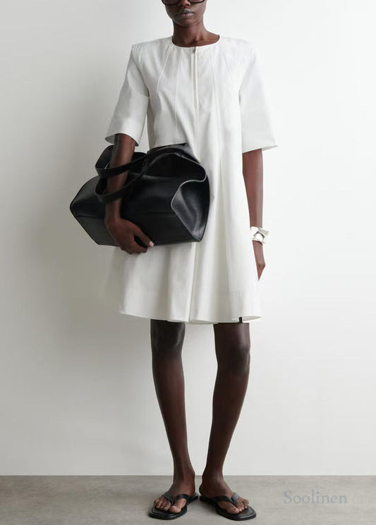 White Zip Up Cotton Day Dress Half Sleeve