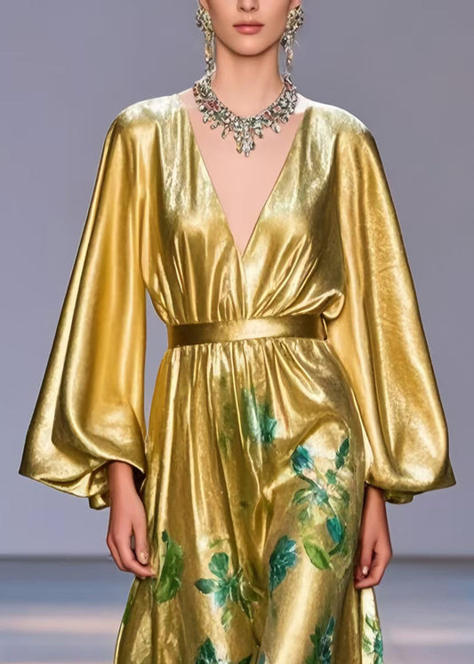 Golden Cinched Print Silk Party Dress Lantern Sleeve