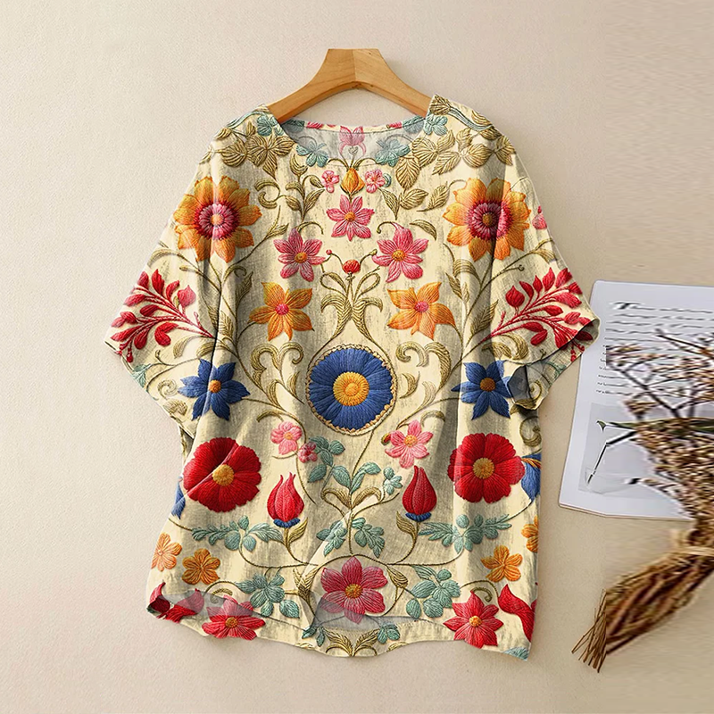 Vintage Bohemian Ethnic Colorful Floral Linen Art Print Short Sleeve Round Neck Shirt elevenforest