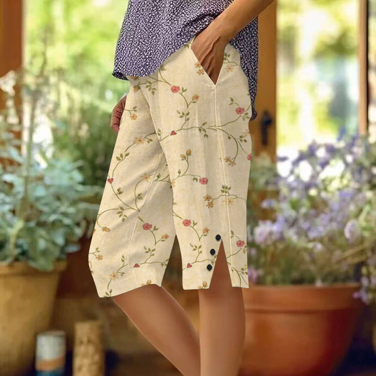 Retro Bohemian Style Floral Pattern Art Graphics Button Slit Design Cozy Linen Shorts elevenforest