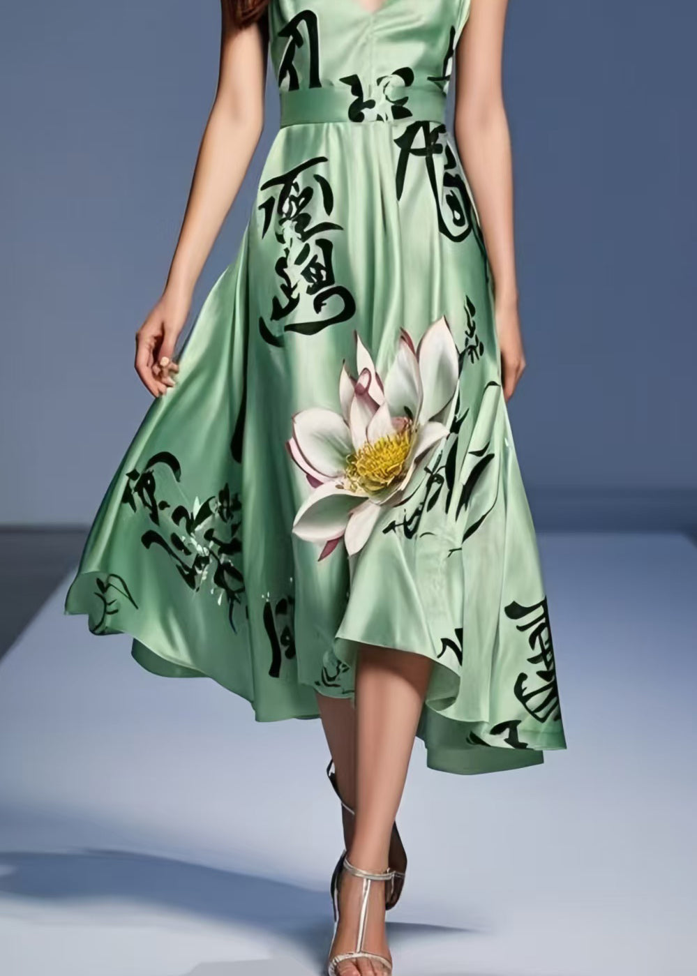 Tea Green Print Silk Spaghetti Strap Dress Summer