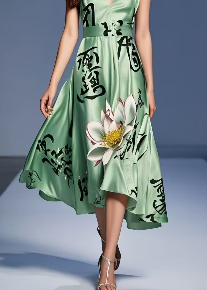 Tea Green Print Silk Spaghetti Strap Dress Summer