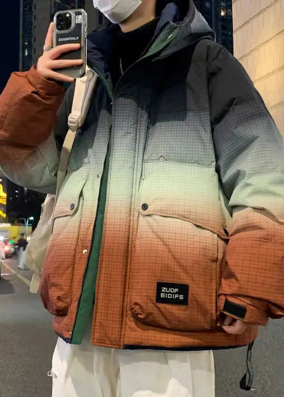 Unique Orange Gradient Color Hooded Pockets Duck Down Down Coats Winter