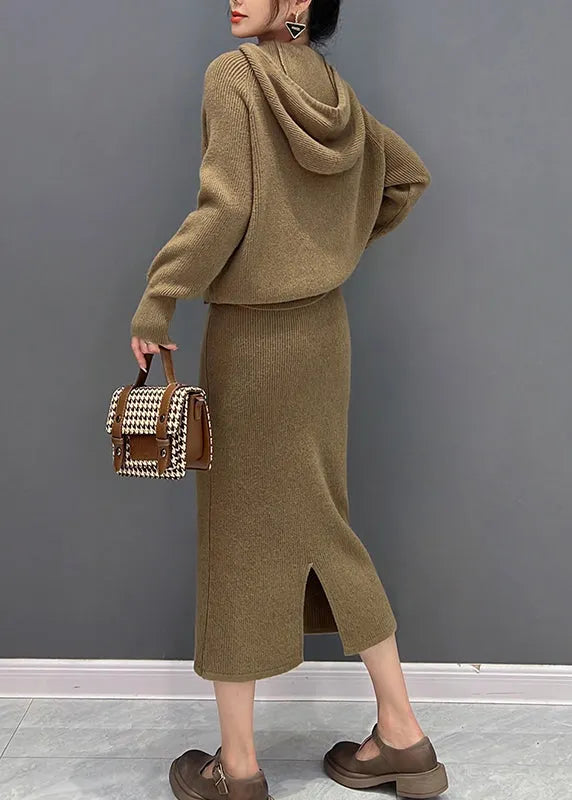 Brown Zippered Hooded Knit Sweaters and Maxi Skirts Two Piece Set Winter