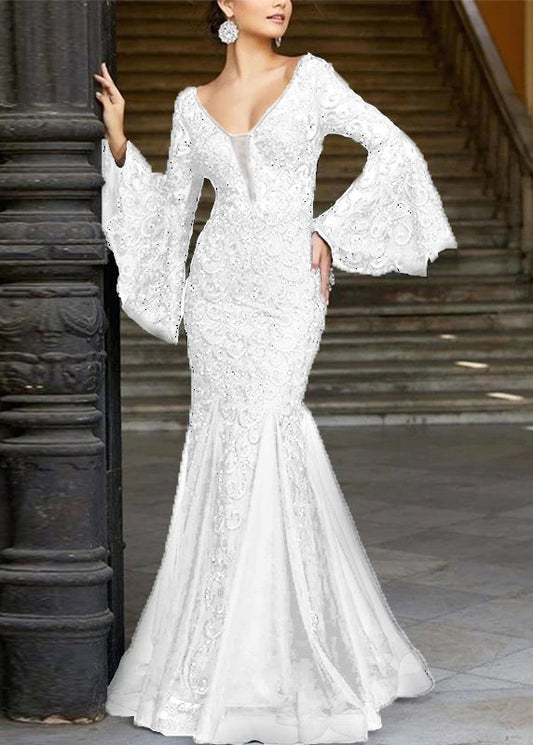 French White Embroidered Lace Fishtail Dresses Flare Sleeve