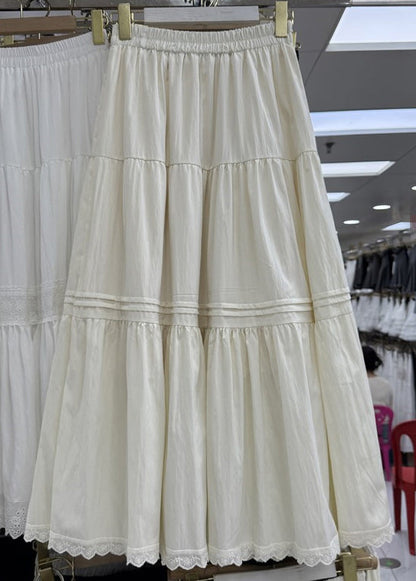 Apricot Lace Elastic Waist Patchwork Cotton Skirts Summer