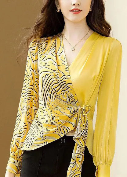 Yellow V Neck Asymmetrical Print Chiffon Tops Spring