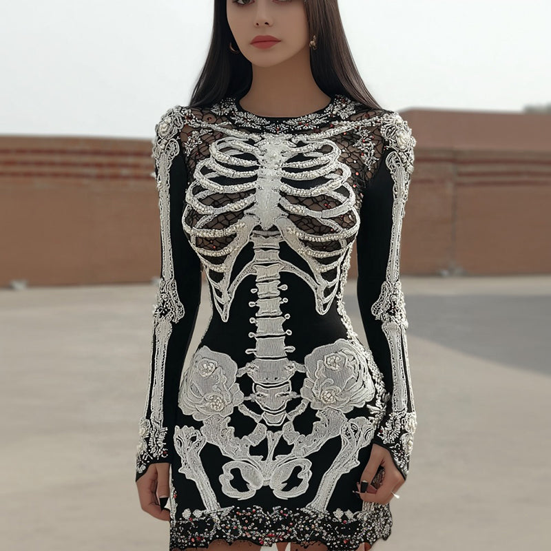 Women's Vintage Halloween Skull Pattern Cozy Knit Mini Sweater Dress elevenforest