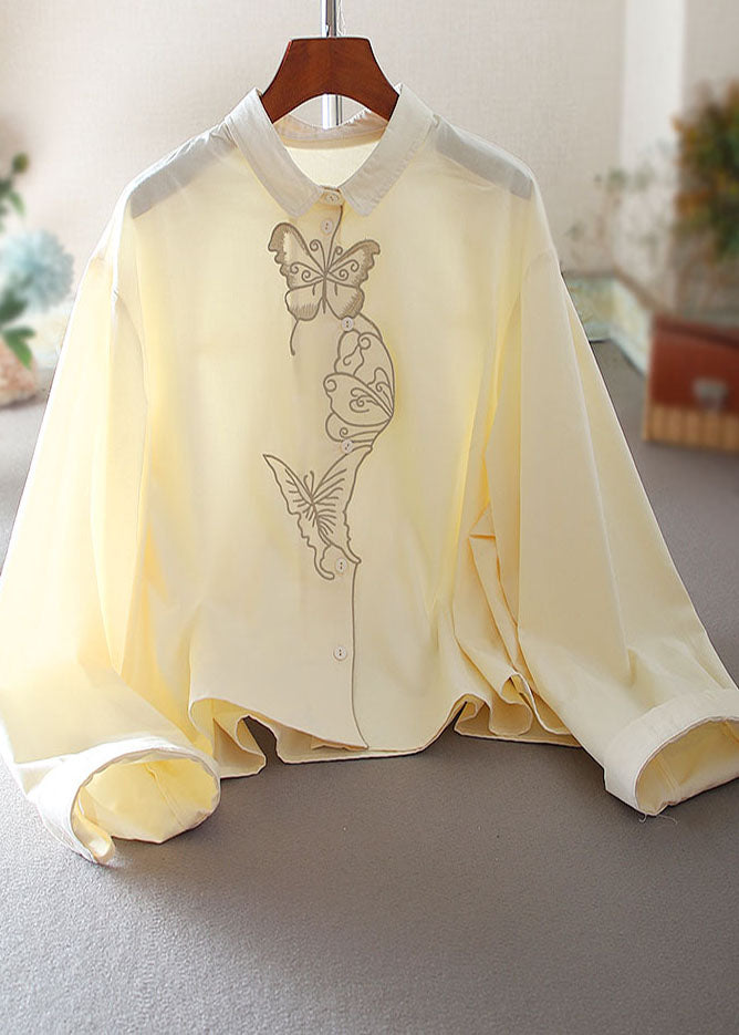 Apricot Embroidered Butterfly Cotton Blouses Spring