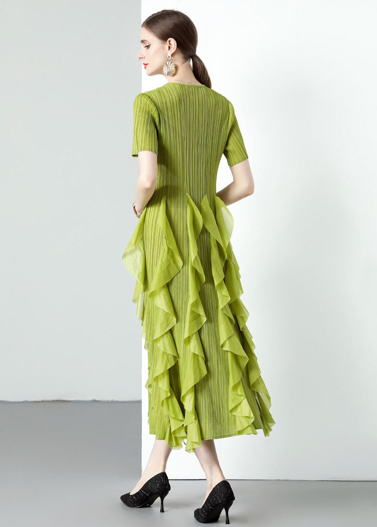 Loose Green O-neck Ruffled Patchwork Chiffon Long Dresses Summer
