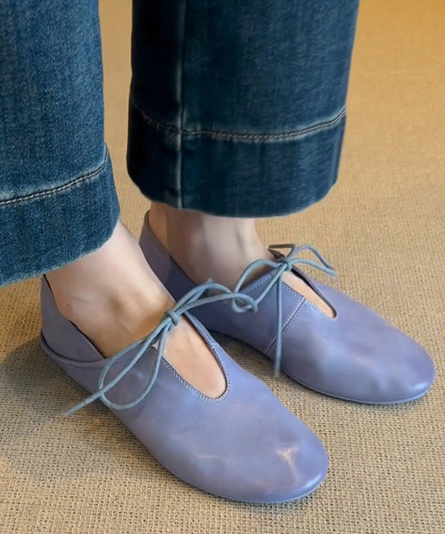 Blue Cowhide Leather Lace Up Splicing Flat Shoes